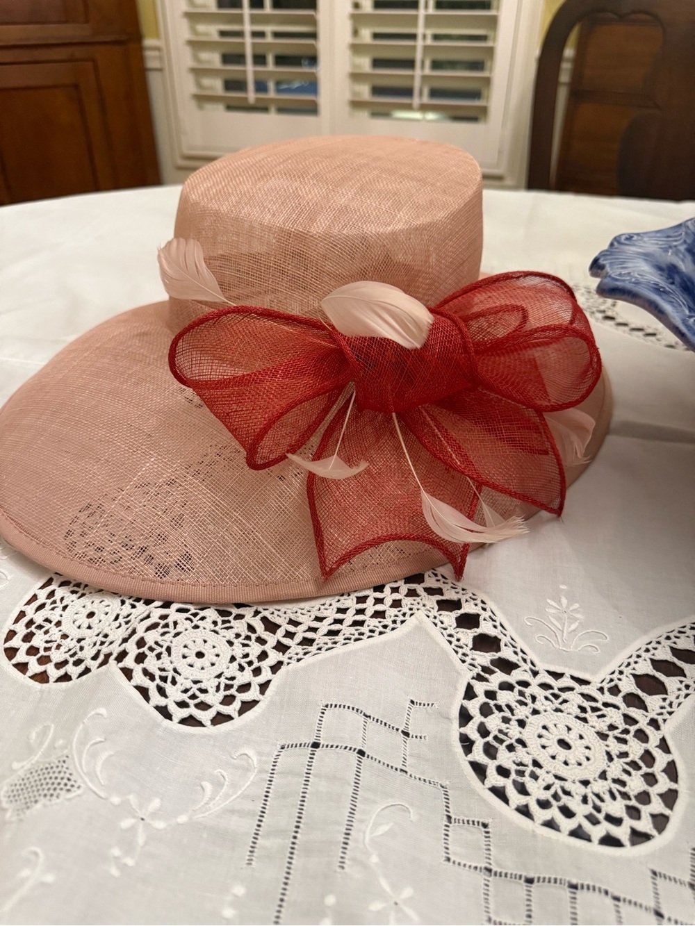 Nordstrom Blush Pink Wide-Brim Hat with Red Bow and Feather Details